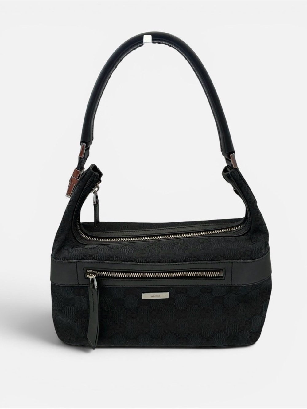 Gucci Black Logo Shoulder Bag with Silver Hardware Baguette Pochette
